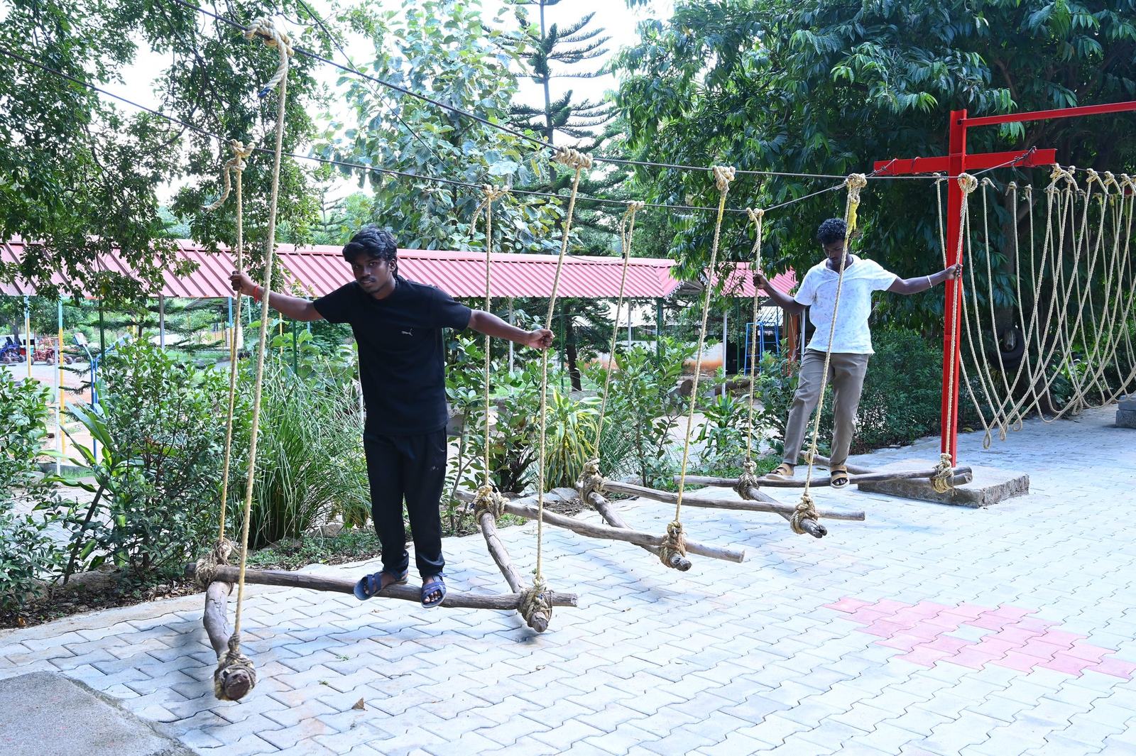 Students on the low rope course